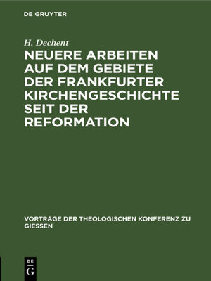 cover image of Neuere Arbeiten auf dem Gebiete der Frankfurter Kirchengeschichte seit der Reformation